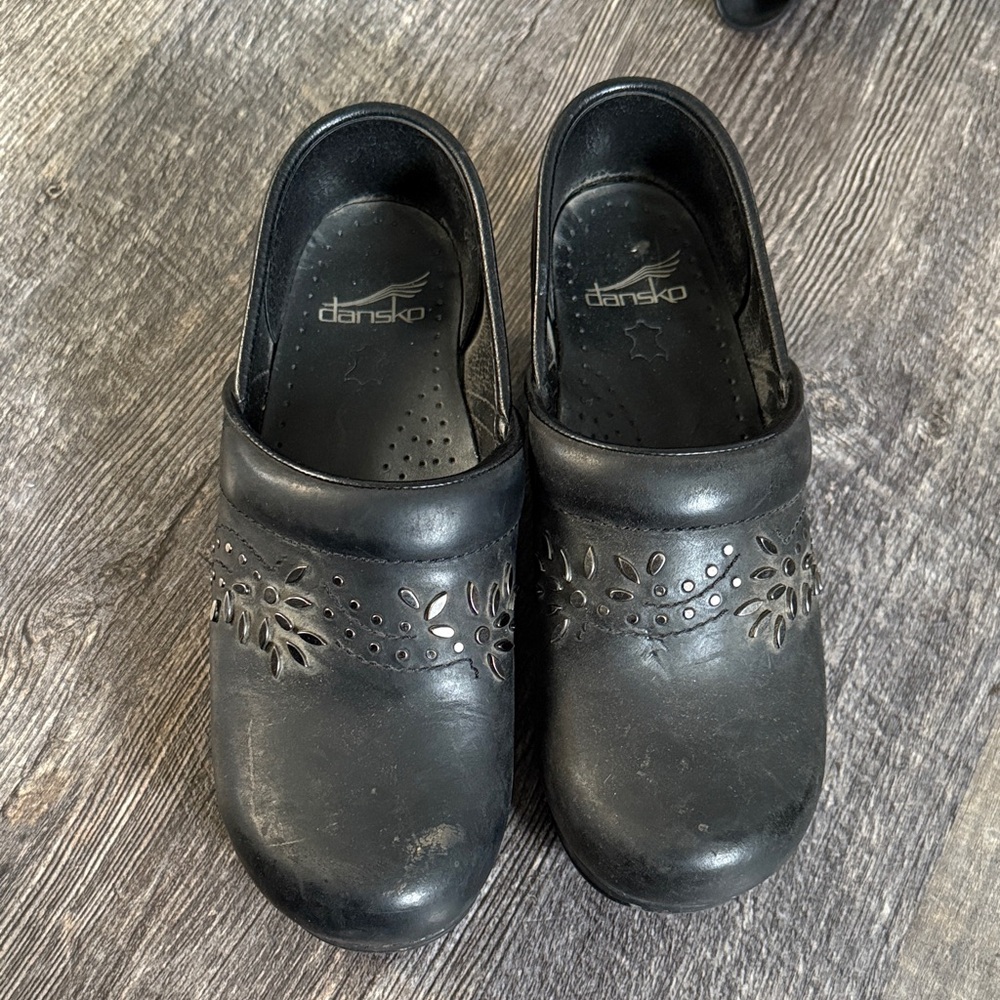 Dansko Black Clogs with Floral Design